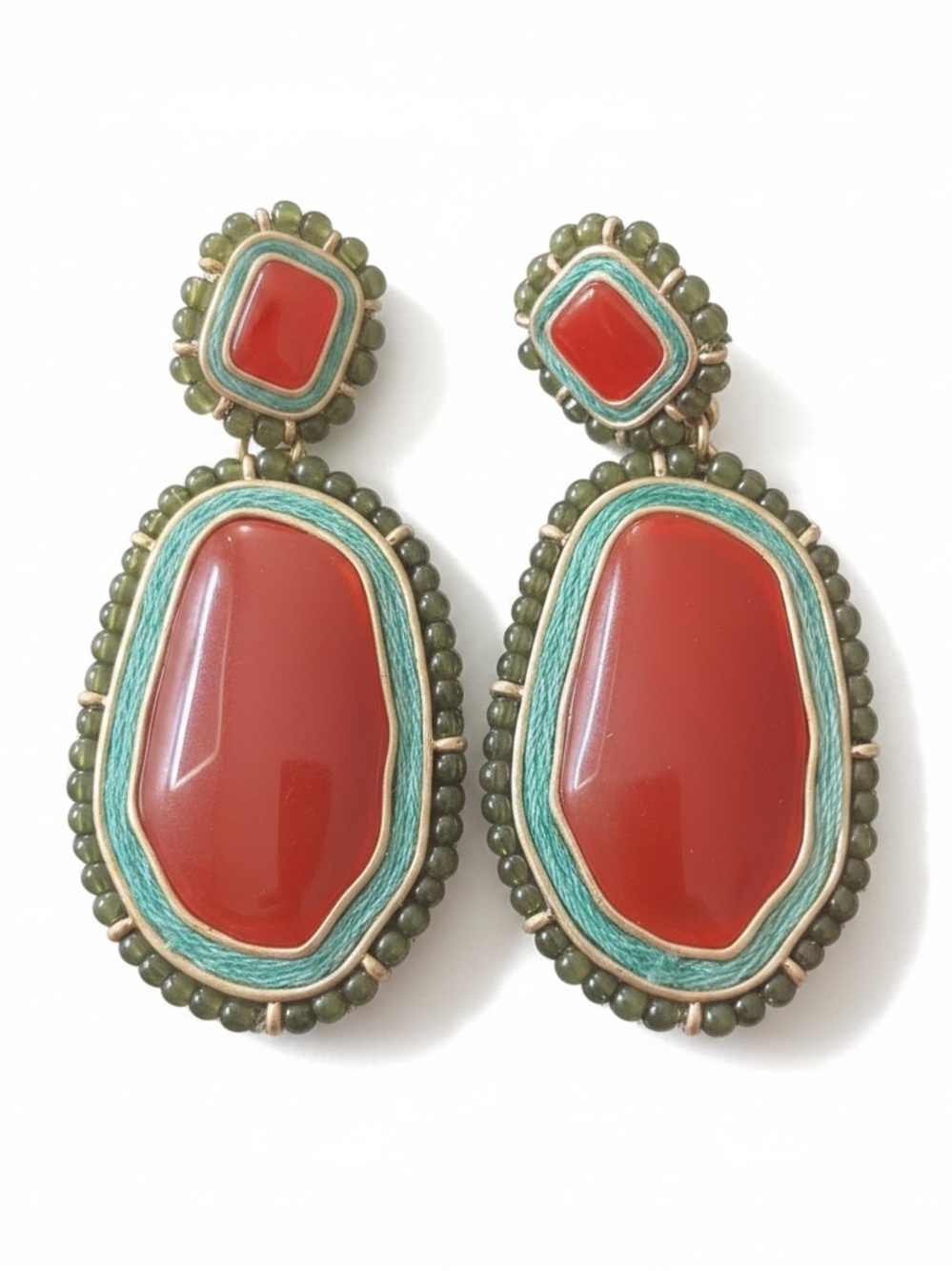 Vintage Liz Claiborne LC Clip On Earrings Red Green Beaded Dangle 2.75" Boho